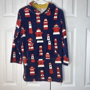 Mini Boden Kids Pullover Hooded‎ Swim Coverup Terry Blue Lighthouse Print 11-12Y